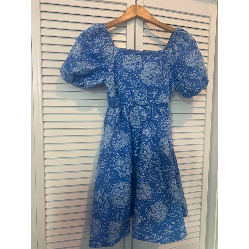 SHEIN Teen Girls Blue Floral Jacquard Puff Sleeve Square Neck Dress Size 10-11Y